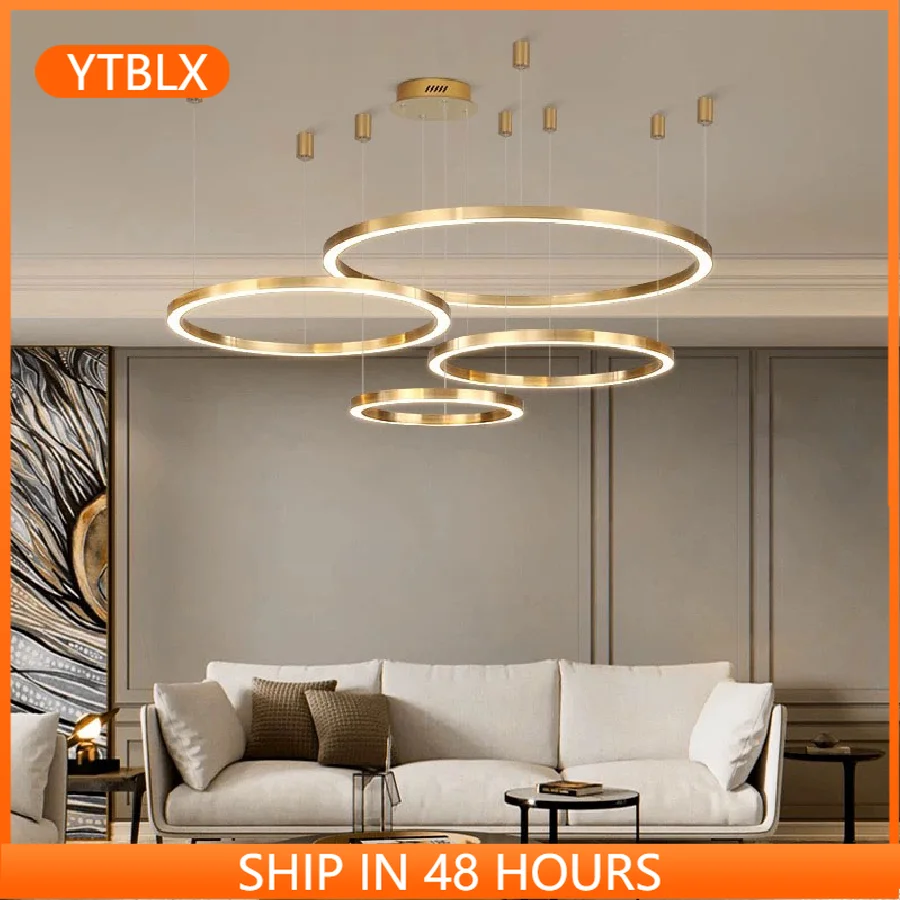 

Modern Led Ceiling Chandelier Light For Living Room Hall Brushed Golden Ring Chandelier Lighting Fixtures AC85-260V Cord Hanging