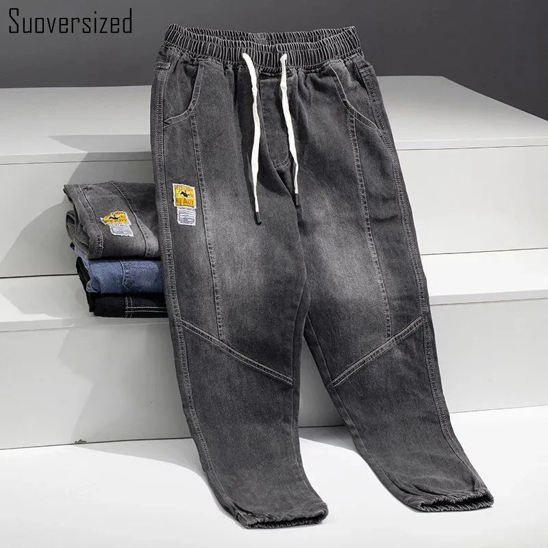 

Elastic Waist Casual Harem Jeans Boyfriend Baggy Cowboy Trouser Vintage Grey Oversized 5xl Ankle-Length Denim Pants For 95kg