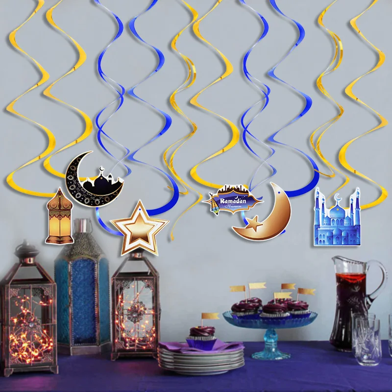 

6pcs Eid Mubarak Spiral Banner Islamic Muslim Hanging Ornament Swirl Ramadan Home Decoration EID Al Adha Festival Party Supplies