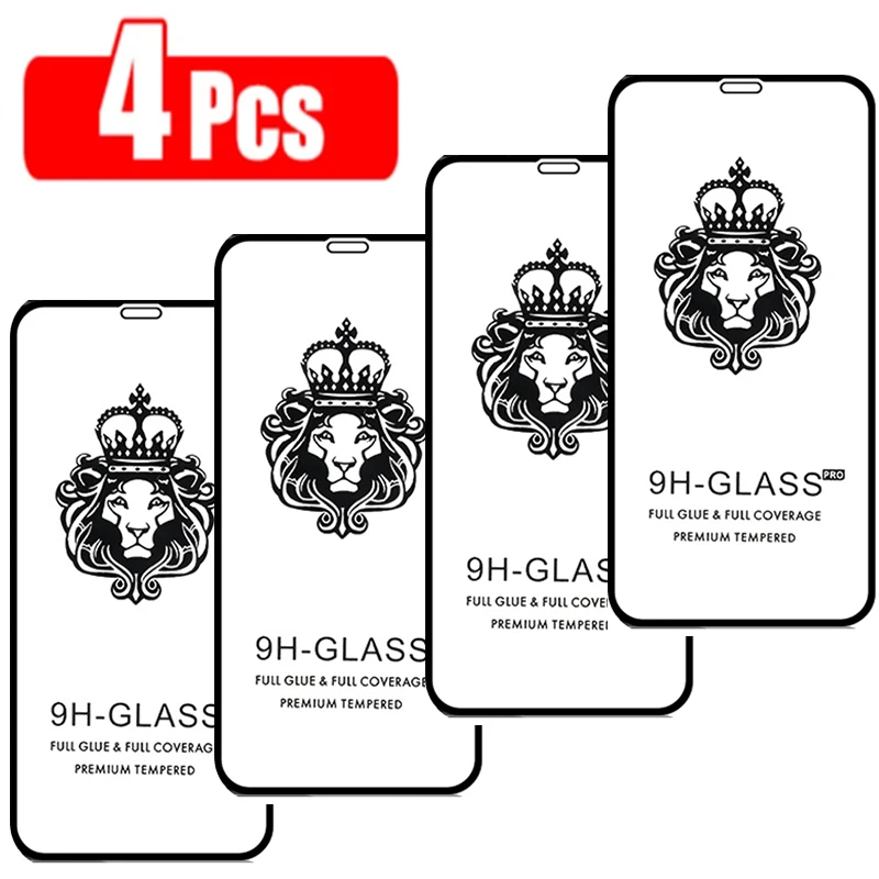 

4PCS Lion Screen Protector Tempered Glass for IPhone 14 11 Pro Max Protective Glass for IPhone X 11 XR XS Max 7 8 6S Plus 12Pro