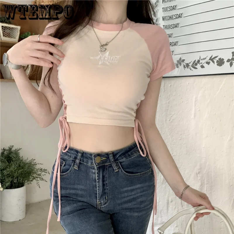 

WTEMPO Pink Tight Crop Top Hollowed Out Waist Strap Short Sleeved T-shirt Summer Women's Dance Wear Sexy Versatile Pullover 2023