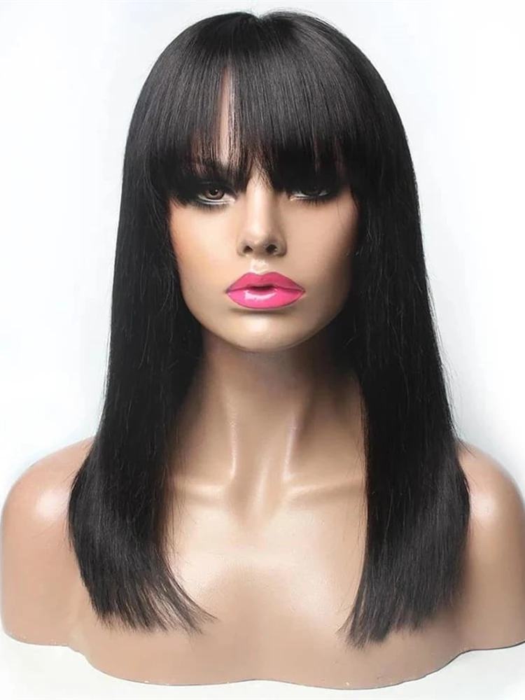 100% Human Hair Wig With Bangs Brazilian Straight Short Bob Human Hair Wigs For Black Women Cheap Black 30 Inch Long Fringe Wig