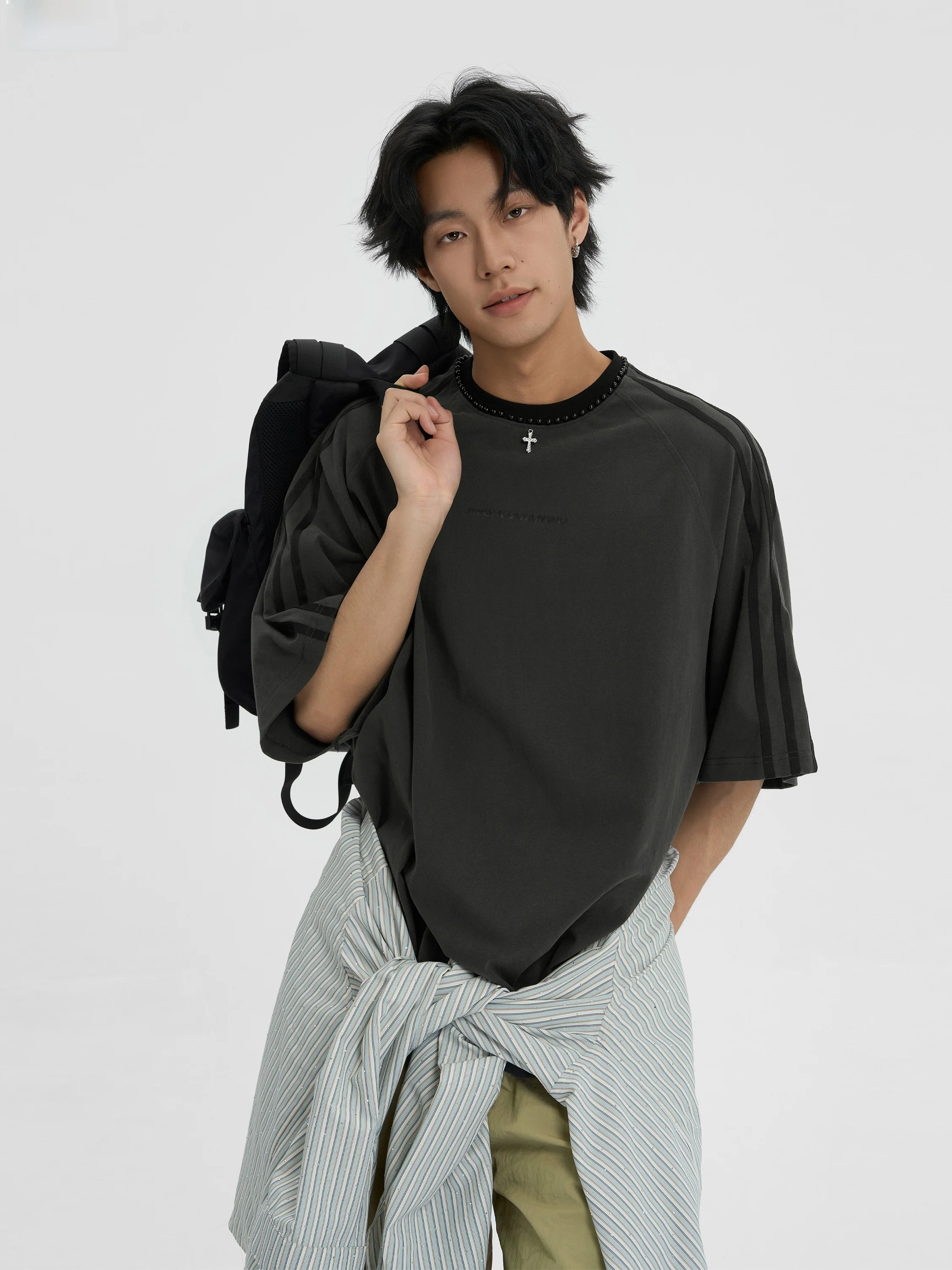 Jhyq Summer Patchwork Beaded Short sleeve T-shirt Men's Loose Fashion Brand round Neck Stripe Ribbon Five Points Raglan Half ...