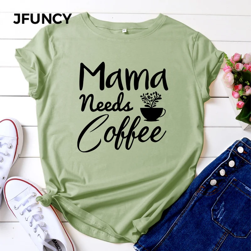 JFUNCY Women Cotton T Shirt Mama Needs Coffee Letter Print T-Shirt Summer Oversize Woman Loose Tshirt Short Sleeve Lady Tee Tops