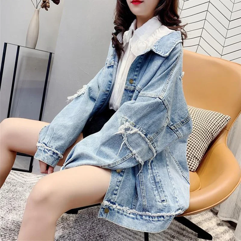 

2023 New BF Style Casual Loose Denim Jackets Soild Oversize Outerwear Fall Denim Wash FrayedCoat Women Long Slleve Jean Jacket