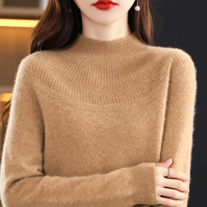 Spring and Autumn Women's Half High Neck Hollow Wool Sweater Fashion Versatile Undercoat     D127