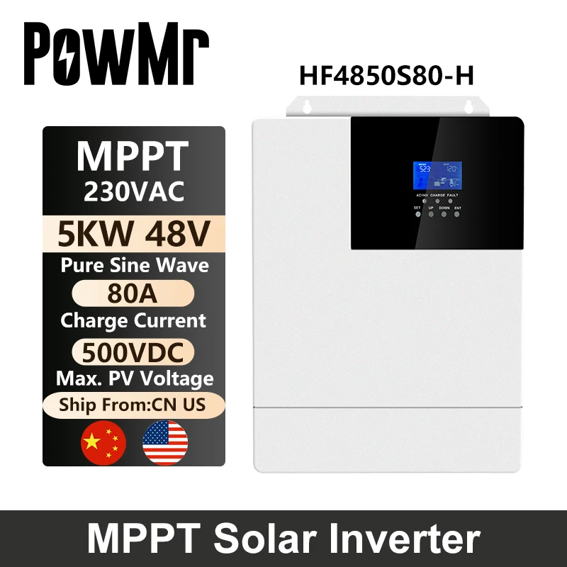 

PowMr 5KW Hybrid Inverter Pure Sine Wave 48V Battery to 230V Max 500V PV Solar Panel Input Built-in 80A MPPT Solar Controller