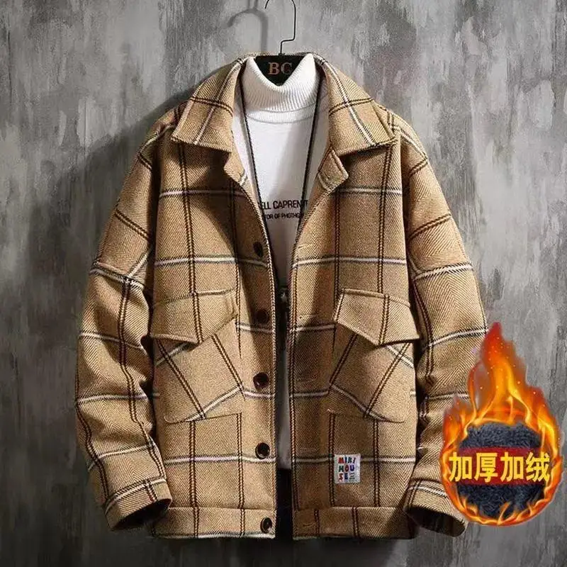 

Утепленное твидовое пальто из хлопка, мужское свободное корейское модное красивое короткое шерстяное пальто для пар, ветровка на осень и зи...