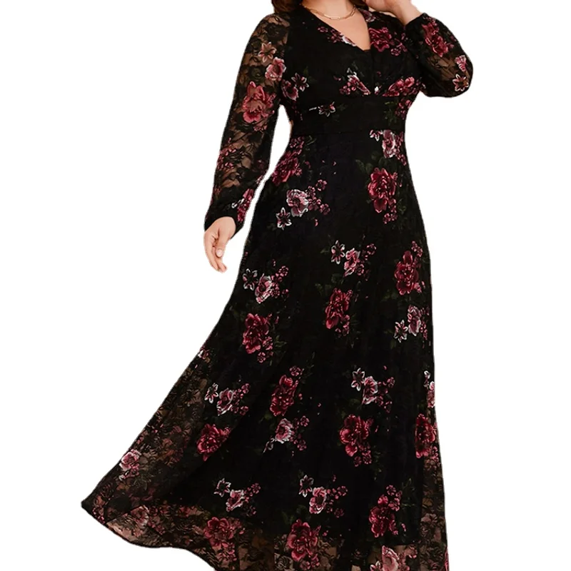 

Women's Large Dresses 2022 Spring Chic Elegant Long Sleeve Floral Boho Party Evening Festival Turkish Clothing L- 4XL