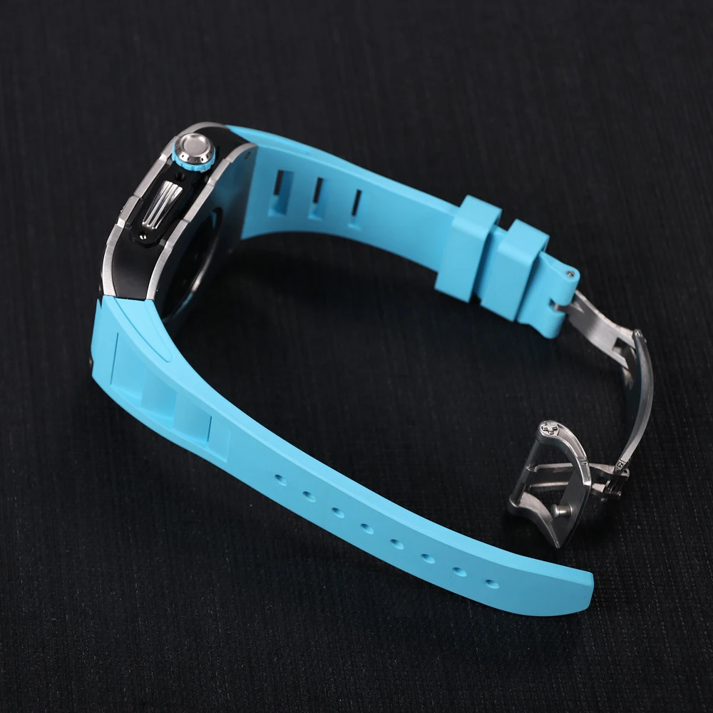 Titanium Alloy Stainless Steel Modification kit for Apple Watch 8 7 45mm Fluorine Rubber Strap for iWatch 6 SE 5 4 44mm Band Set