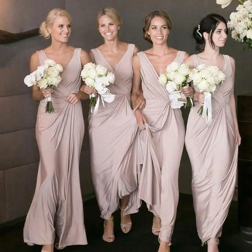 

New Satin Bridesmaid Dresses A Line V-Neck Floor-Length long Plus Size Wedding Party Events