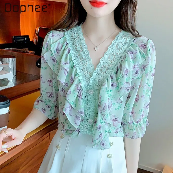 

Fairy Woman Green Floral Flounce V-neck Chiffon Shirts 2022 Summer New Sweet Loose Fashion Short Sleeve Pullover Women-blouses