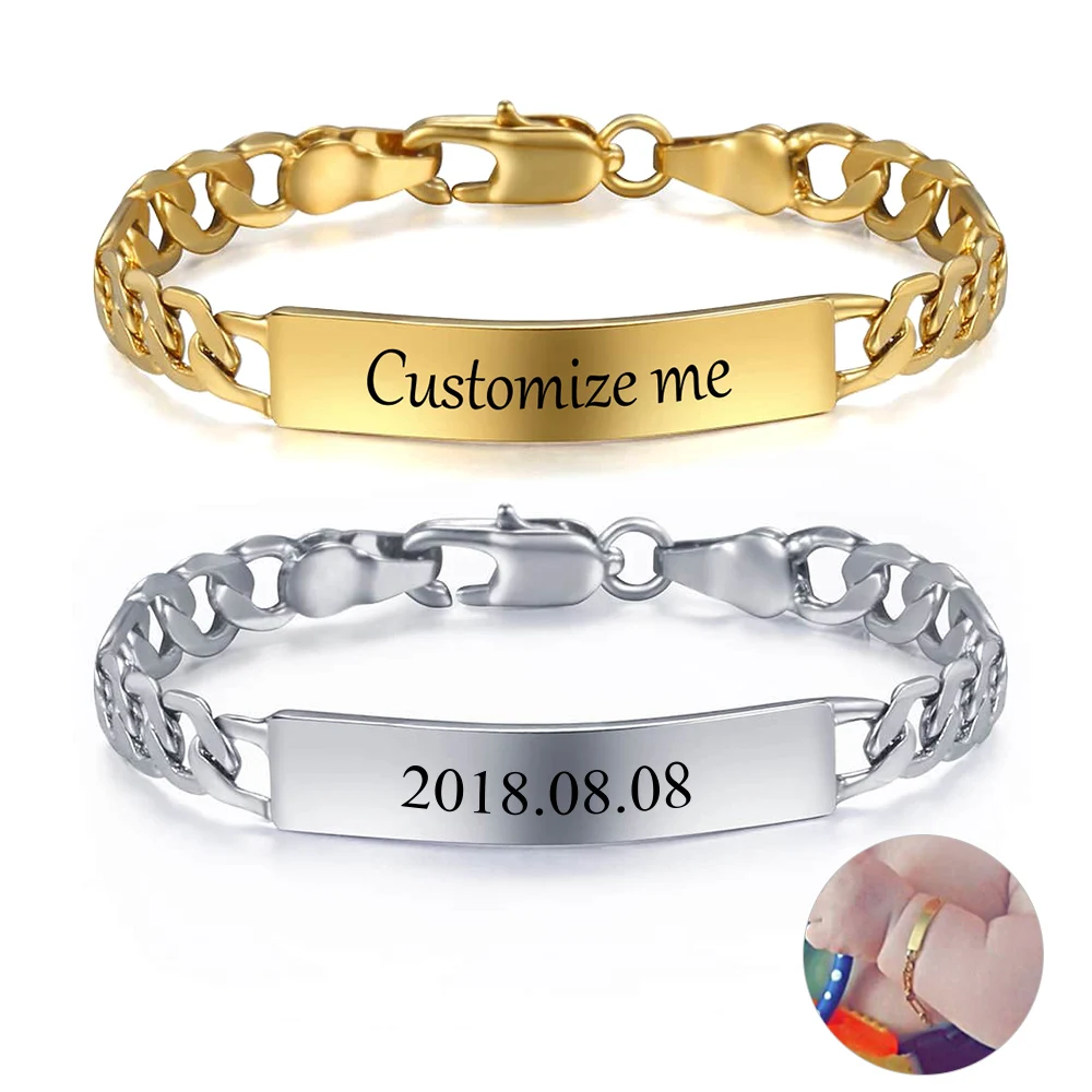 

Personalize Custom Baby Bracelet Gold Silver Color Figaro Link Name Birth ID Bangle Girl Boys Child Unique Lovely Birthday Gift