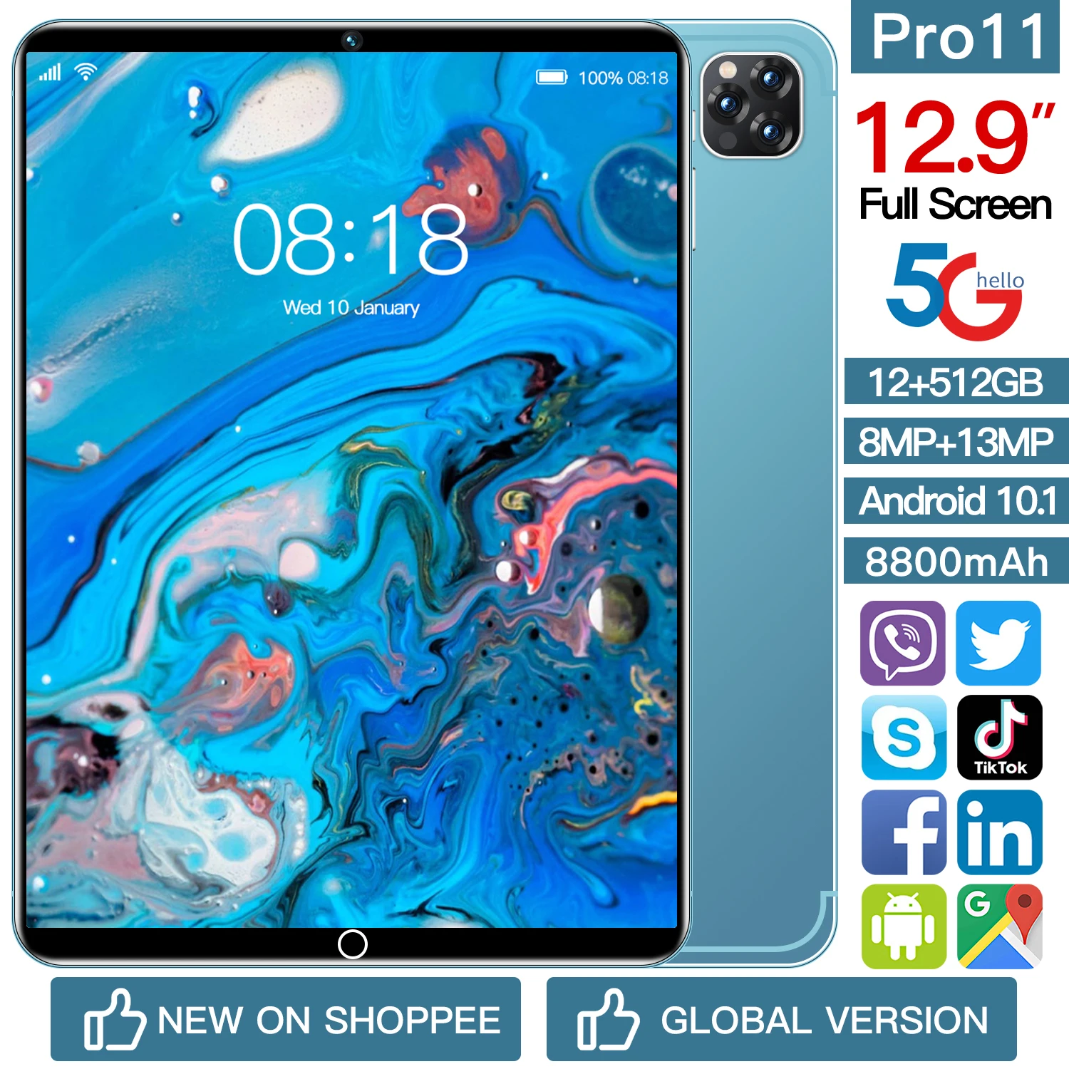 

Планшет с 10,1-дюймовым дисплеем, Android 10, 2 Sim-карты, 12,9 мАч