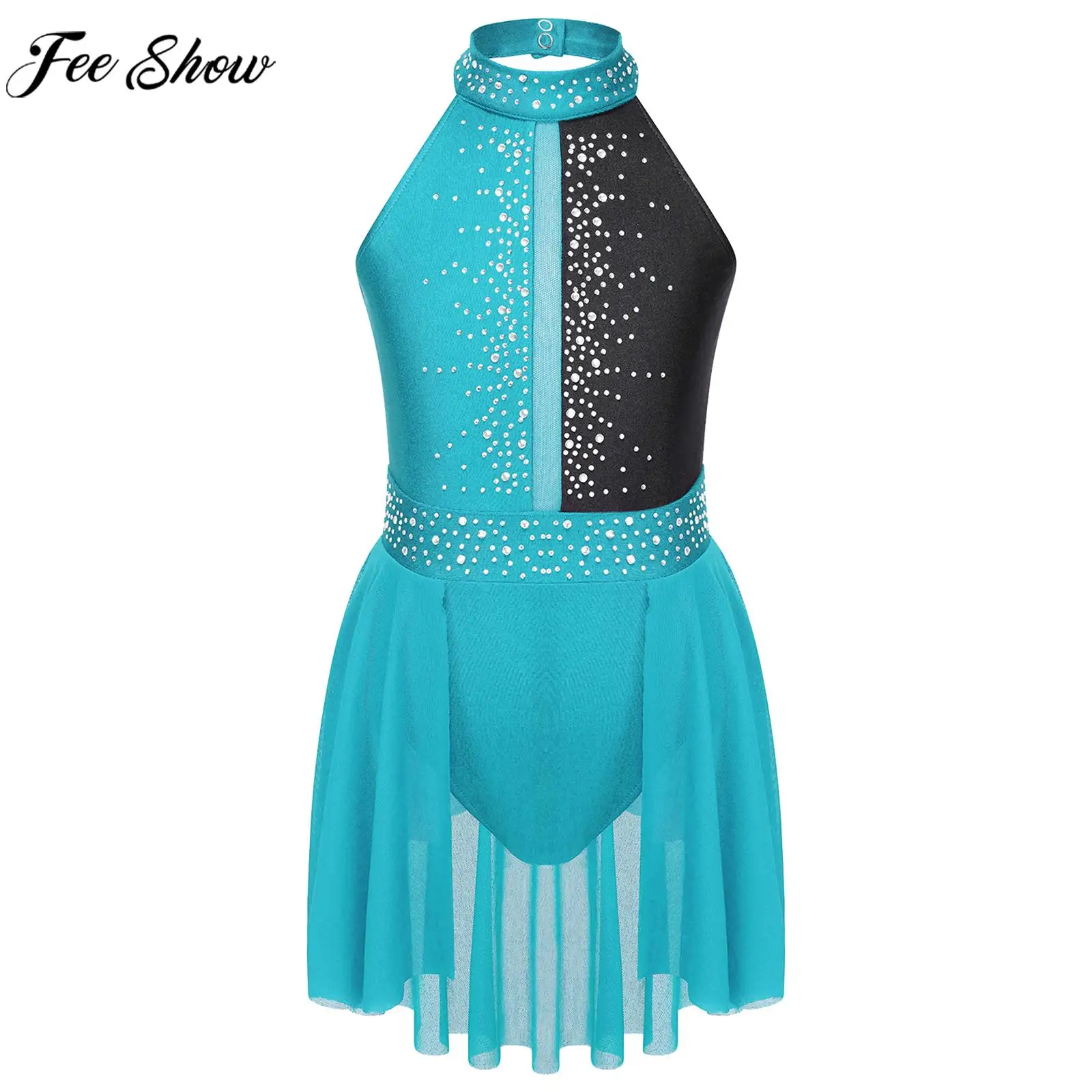 

Girls Lyrical Dance Performance Costume Ballet Figure Skating Gymnastics Leotard Dress Sleeveless Shiny Rhinestone Dancewear