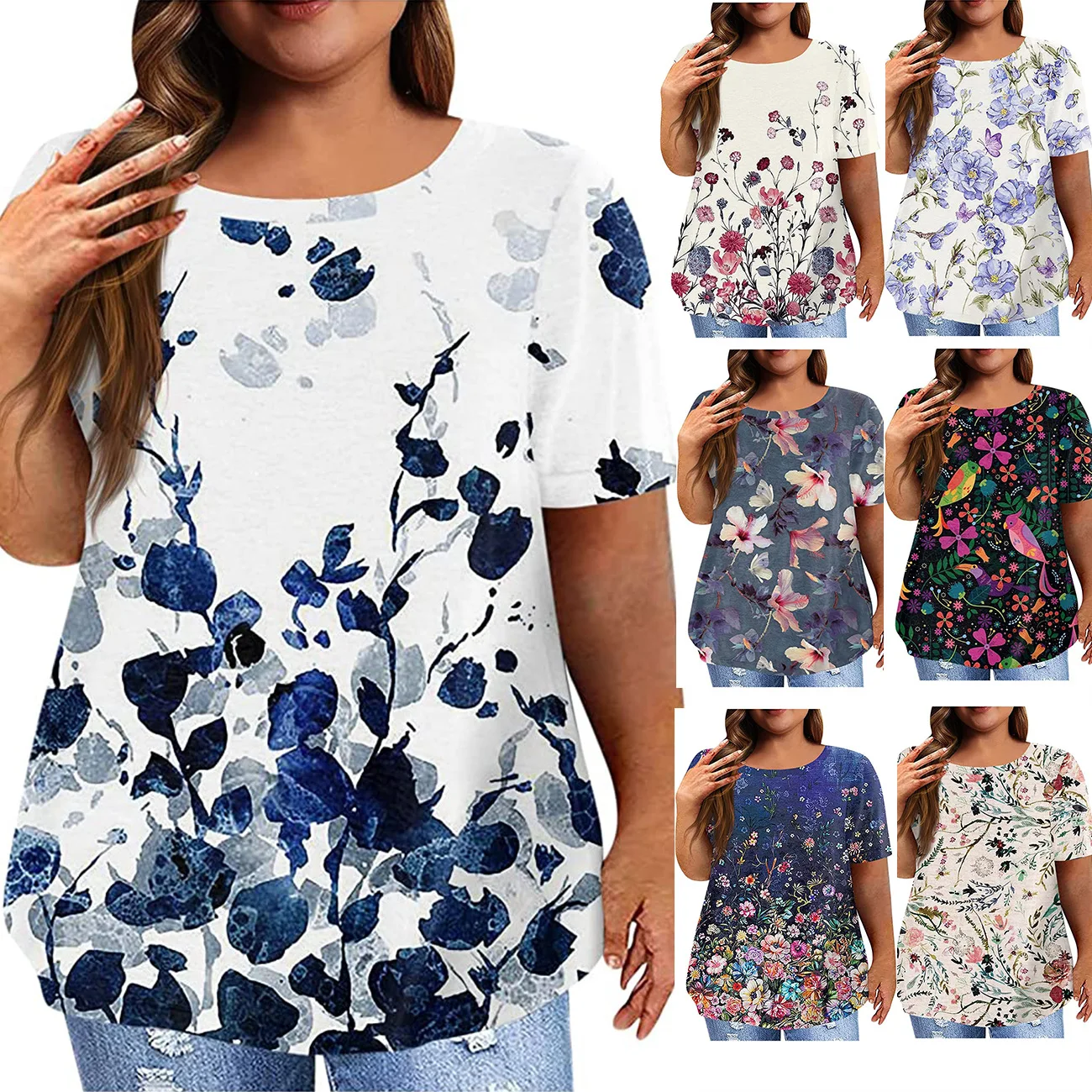 

Women's T-shirt 2023 Summer Fashion New Floral Print Blouse Round Neck Short-sleeved Casual Shirt Female