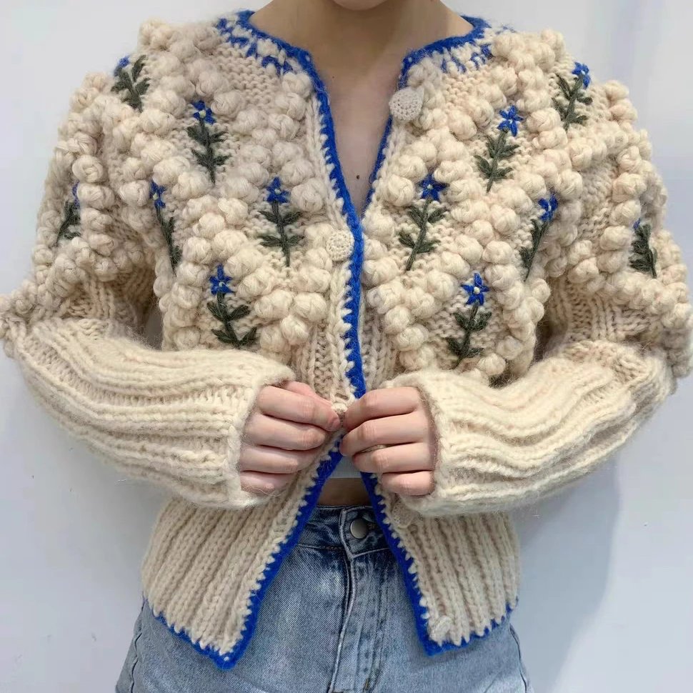 

Женский вязаный кардиган с цветочной вышивкой, однобортный свитер с 3D рисунком из пряжи, свитер с шариками