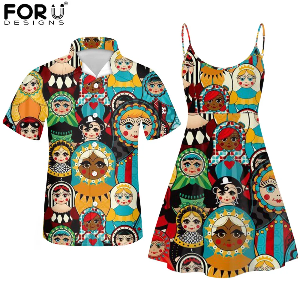 

FORUDESIGNS Russian Matryoshka Beach Couple Outfit Slip Dresses Sleeveless Strapless Dress Men's Shirt Short Sleeve Top Shirts