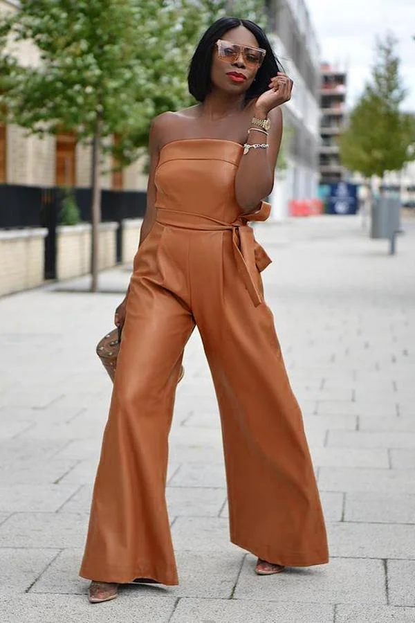 Women's Jumpsuit New Bra Sexy Wide Leg Artificial Leather Jumpsuit Solid Color Sleeveless Women Jumpsuit Long Club Outfits