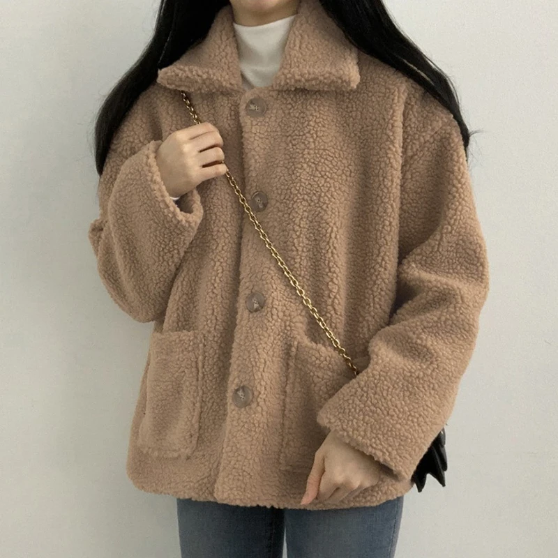 

Женское пальто из овечьей шерсти, Толстая Теплая Повседневная зимняя куртка, модное мягкое пальто с карманами для колледжа, Y2k Harajuku, Женская ...