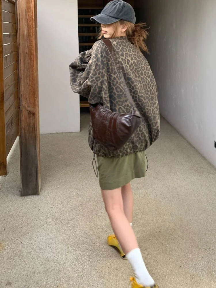 Женская леопардовая куртка на молнии Повседневная Свободная винтажная в стиле
