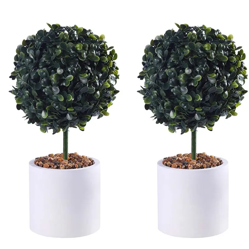 

12 Inch Artificial Topiary Potted Boxwood, Green, Set of 2