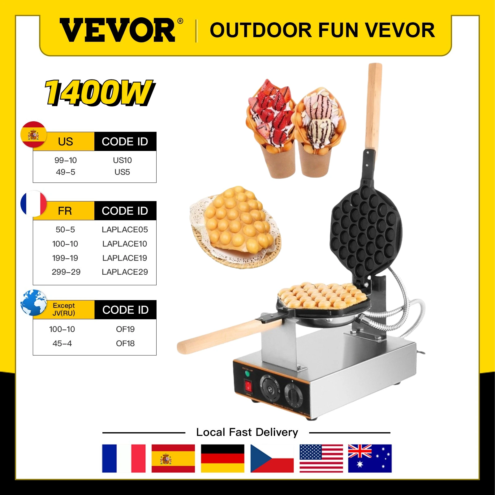 vevor egg bubble waffle maker 1400w commercial electric nonstick cake baking pan eggettes puff home kitchen cooking appliance free global shipping