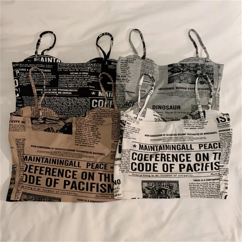 

Women Push Up Camisole With Bra Sexy Top Women Suspender Tank Fashion Printed Newspaper Camis Female Soft Sleeveless Top
