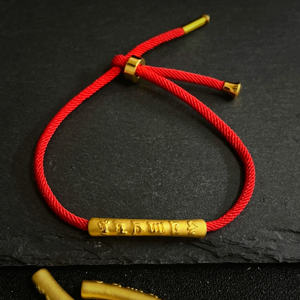 

New Arrival Real 24K Yellow Gold 3D The Six Syllable Mantra Tube Bead Red Cord Bracelet