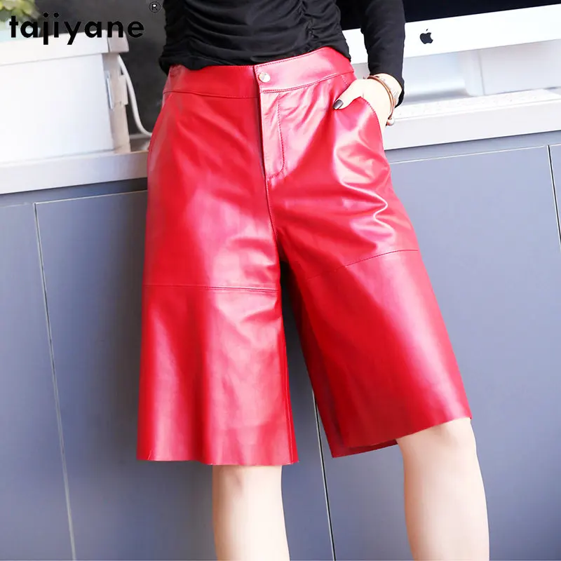 Tajiyane Genuine Leather Pants Women Korean High Waist Pants for Women Sheepskin Wide Leg Pants Women Knee-length Streetwear