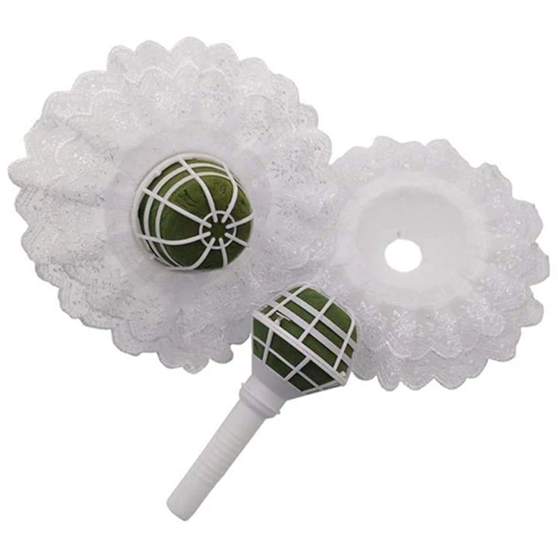 

6 Wedding Bridal Bouquet Holder Handles With 6 White Lace Collar Flower Holders