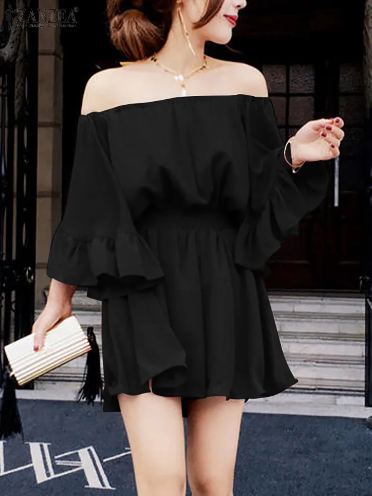 

ZANZEA Party Playsuits Women Summer Sexy Off Shoulder Ruffles Sleeve Rompers Elegant Jumpsuit Casual Solid High Waist Overalls