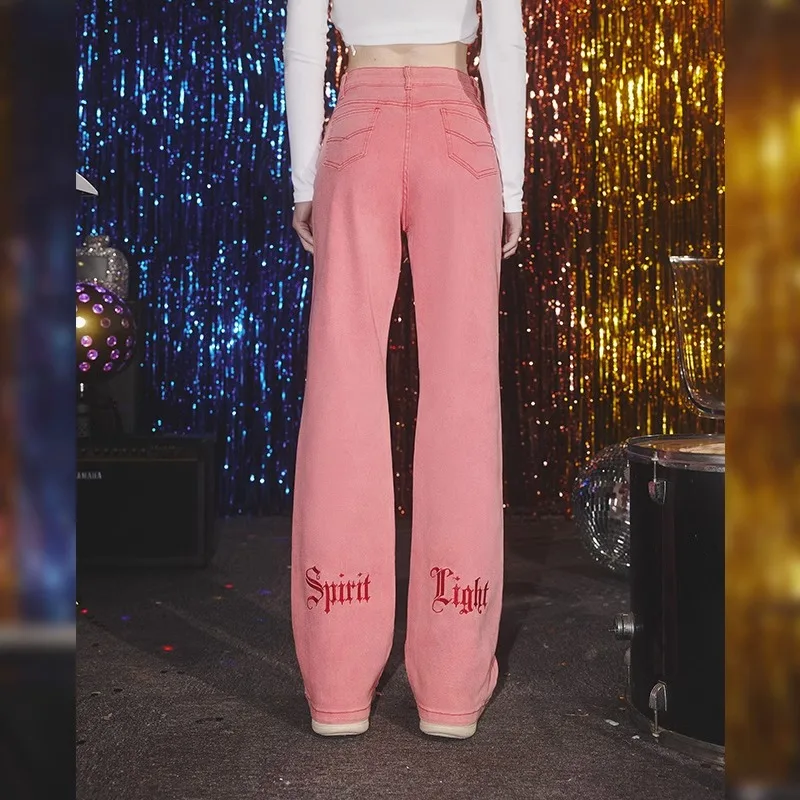 UNIFREE Hotsweet Pink Women's Jeans Letter Embroidery Streetwear Slim Flare Pants Fashion Sexy Washing Jeans Pants
