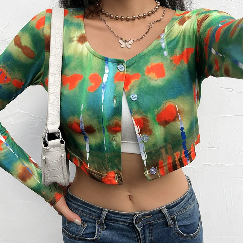 

Y2K Grunge Style Crop Top Tie Dye Print Long Sleeve Graphic T Shirts Women Casual Green T Shirt Ladies Autumn 2021 Fashion New