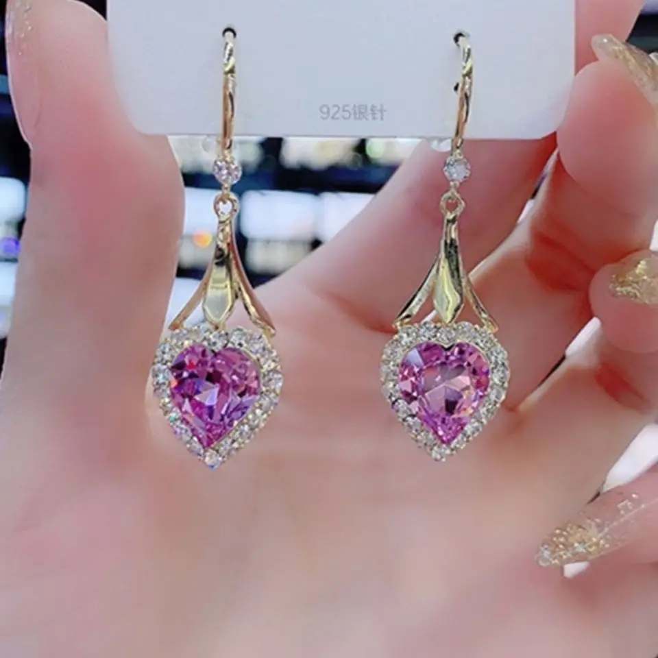 

New Korean Fashion Pink Heart Earrings Luxury Crystal Wedding Engagement Earrings for Women Birthday Party Gifts Jewelry