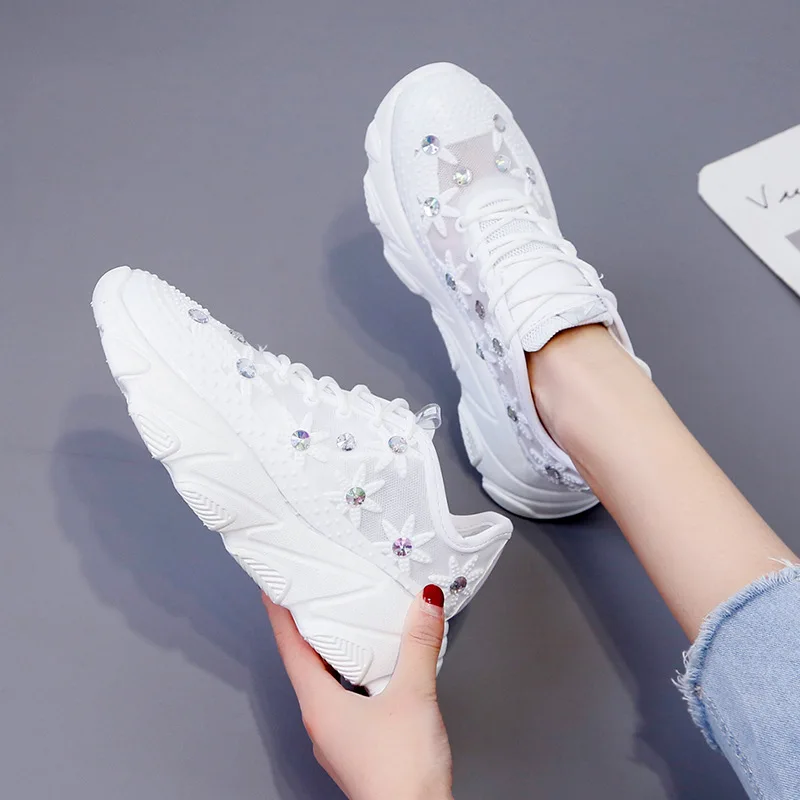 

2022 Rhinestone Wedge Sneakers Women Trainers Dames Chunky Platform White Casual Shoes Woman Chaussures Femme
