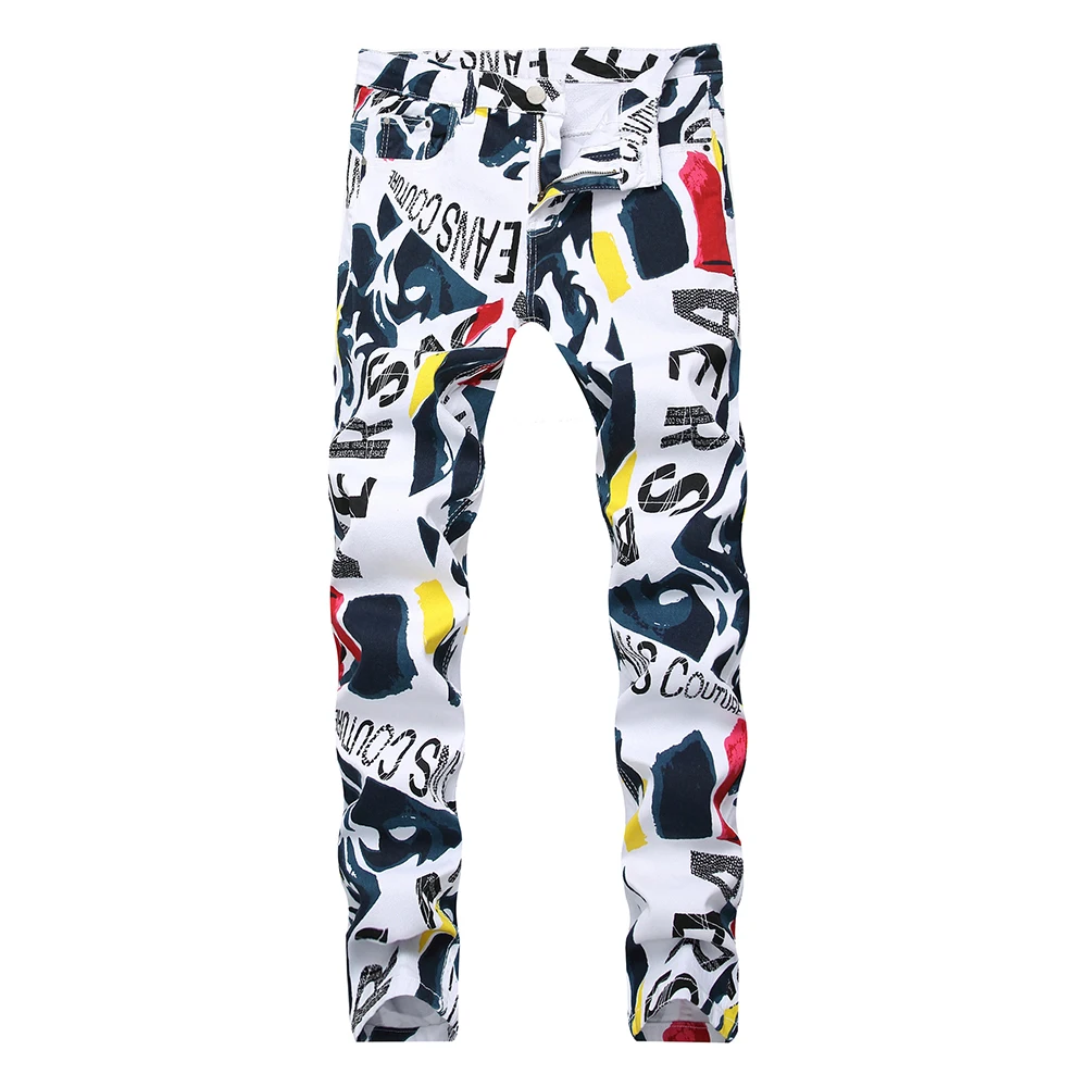 

Men's Pattern Letters Print White Jeans Fashion Slim Straight Printed Stretch Pants Plus Size Trousers