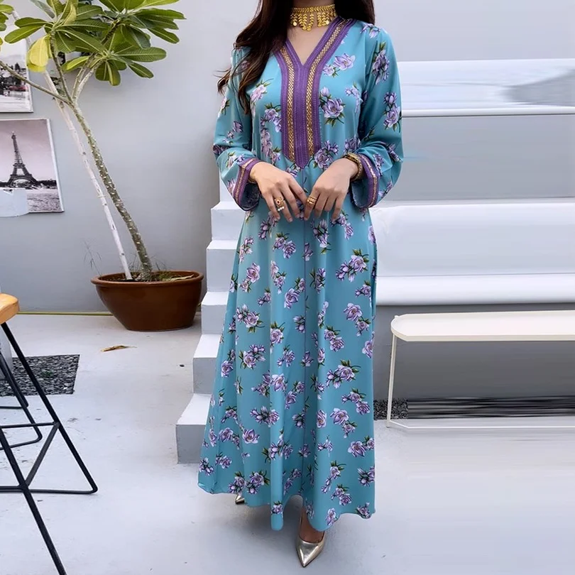 

Muslim Woman Kimono Jalabiyat Ramadan Dubai Abayas 2022 Blue Green Long Flora Dress Robe Caftan Marocain Islam Clothing For Veil