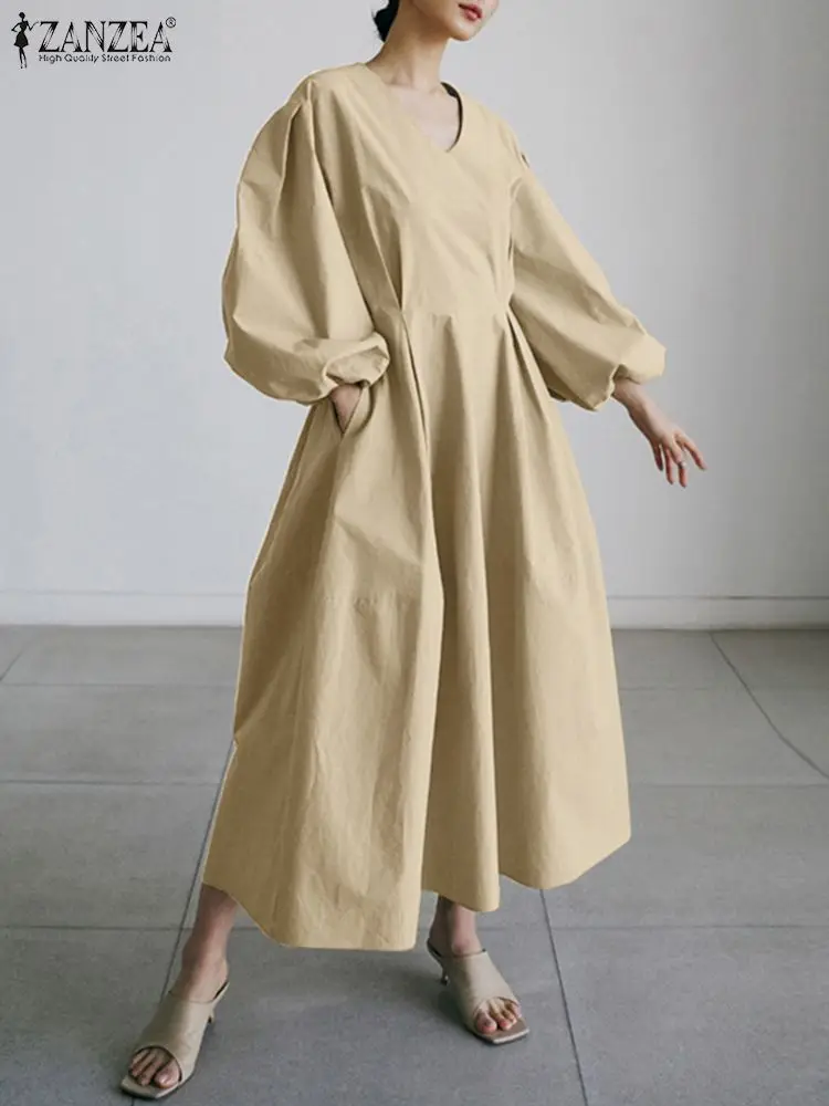 

Платье ZANZEA женское с V-образным вырезом, модный Свободный Однотонный сарафан с пышными рукавами, повседневный праздничный, рабочая одежда, весна