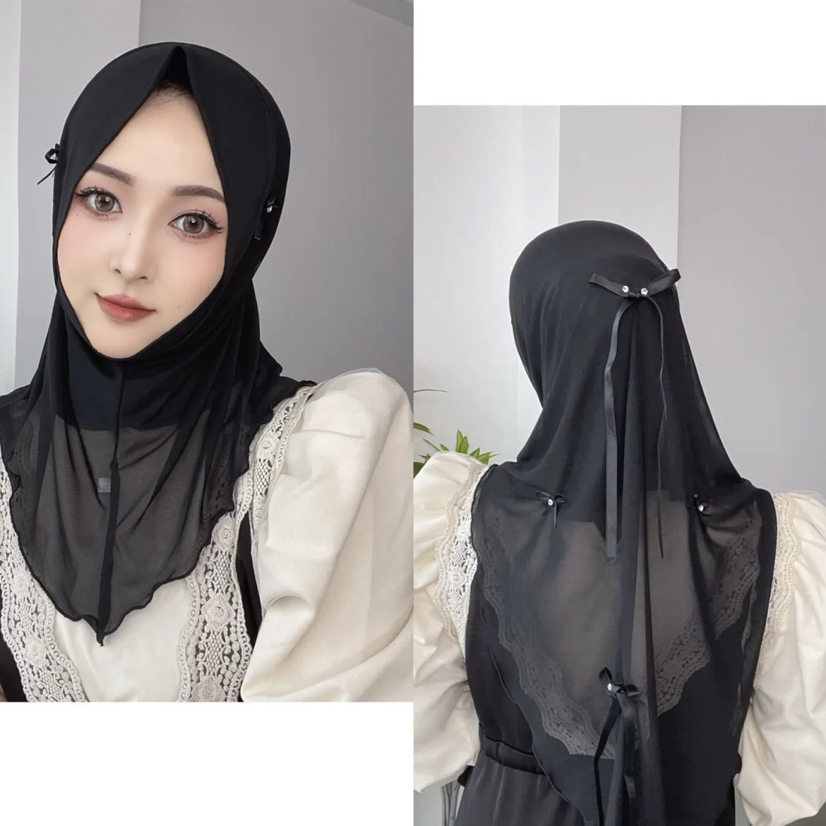 Мусульманский сетчатый хиджаб однотонный платок для женщин с бантом повязка на
