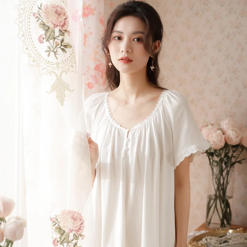 Victorian Cotton Night Dress Women Summer White Short Sleeve Long Peignoir Princess Sleepwear Vintage Nightgowns Maternity Wear