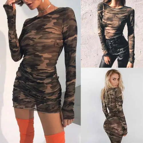 

2023 New Camo Slim Dress Sexy Womens Mesh Dress Club Casual Long Sleeve See Through Bodycon Evening Party Short Mini Dress