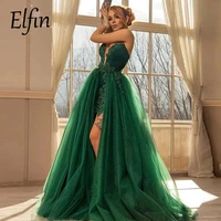 elfin shiny green lace evening dress 2022 detachable train appliques strapless tulle prom party gowns vestidos de fiesta
