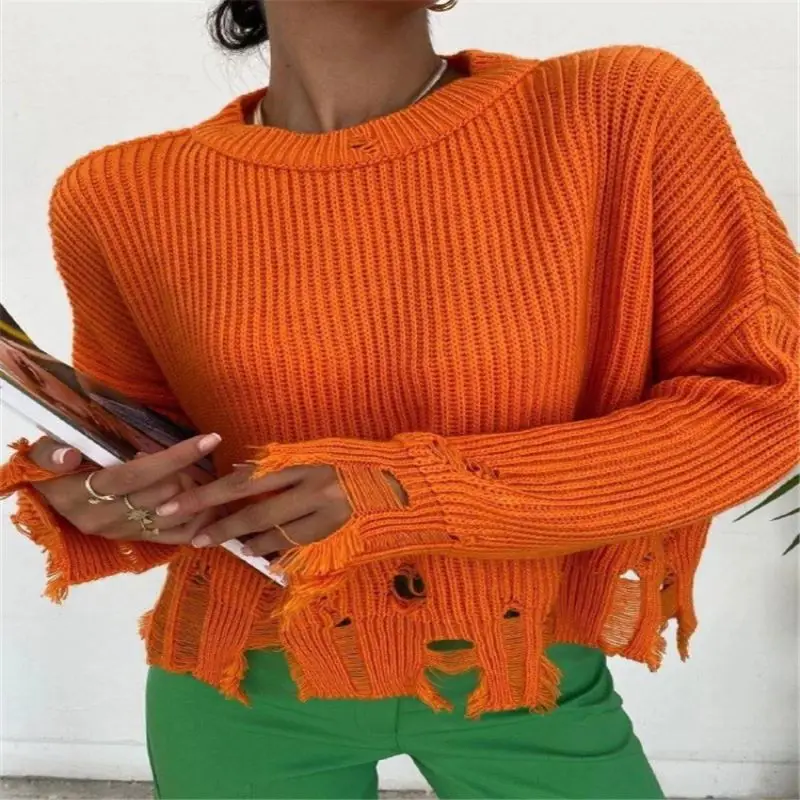 

Tossy Designer Ripped Hem Oversized Sweater Women Casual Autumn Tops 2022 Winter New Hollow Out Loose Rib Knitted Pullovers Tops