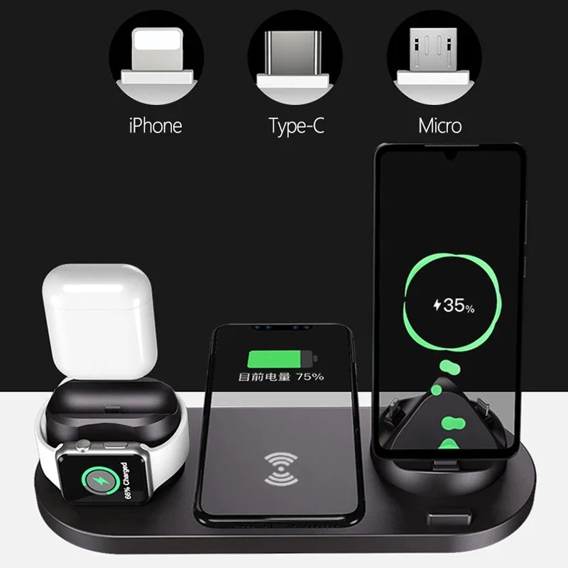 Подставка для беспроводного зарядного устройства 4 в 1 IPhone 15 14 13 12 11 X Samsung S23 iWatch 8 7 6