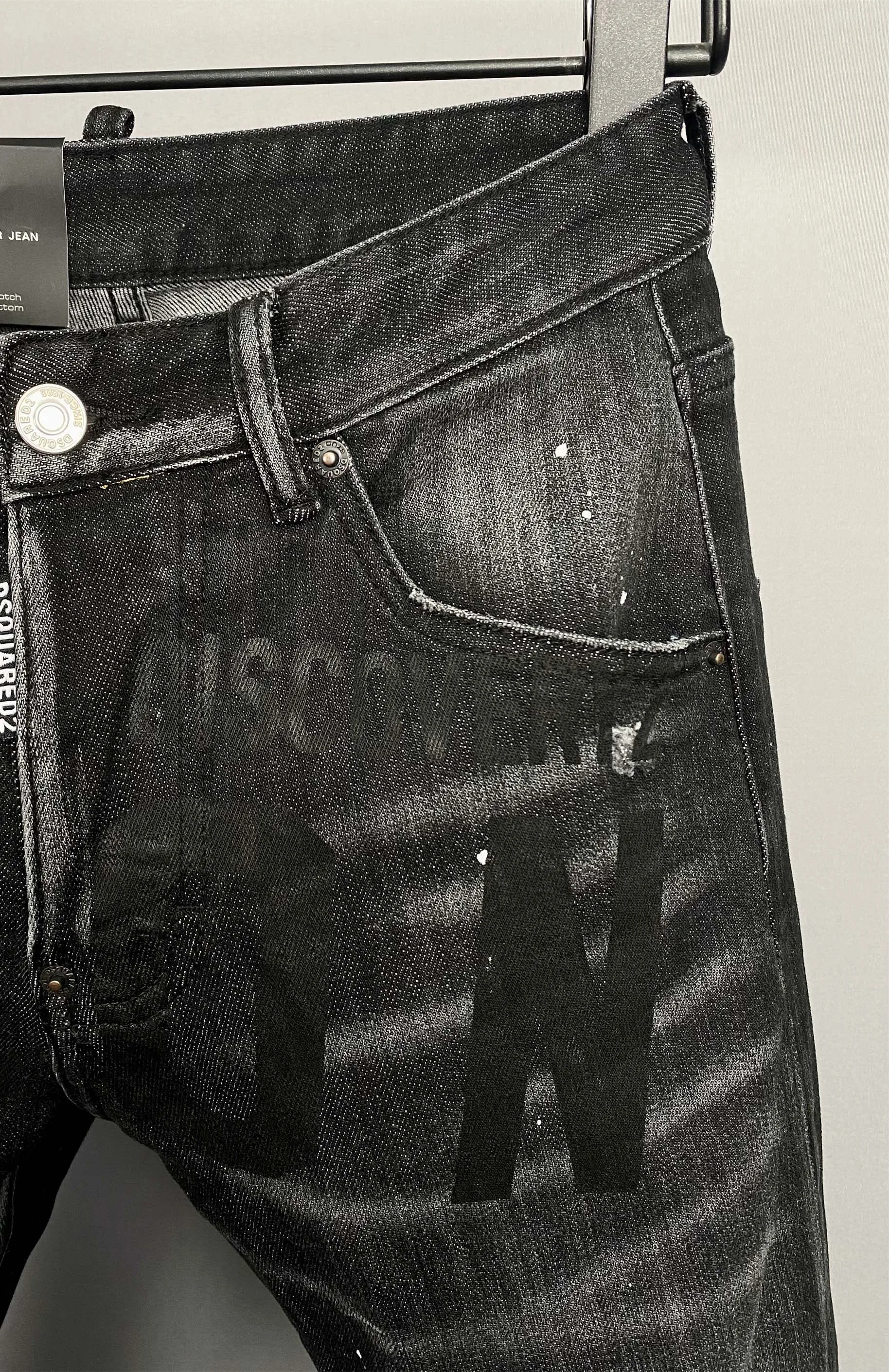 2023 Spring/Summer New D2 Jeans Men's Fashion Men's Washed and Worn Hole Patch Paint 3D Cut Small Feet Dark Black