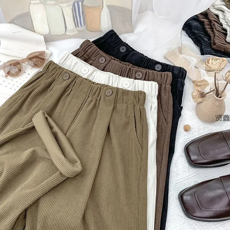 Trousers Women Retro High Waist Corduroy Wide Leg Harem Pants for Women Autumn Straight Daddy Casual Radish Pants Women