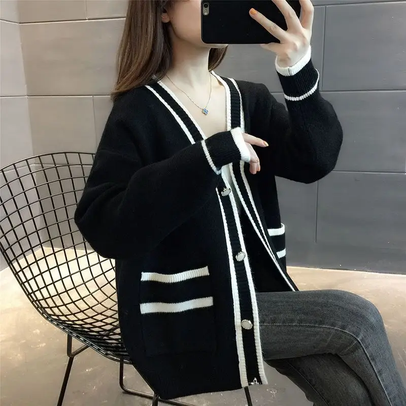 Осень-зима новая мода лоскутный кардиган с v-образным вырезом и длинными рукавами