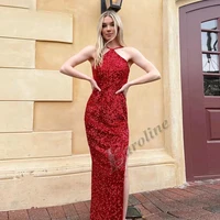 caroline burgundy halter formal evening dresses for women 2022 glitter sequin dubai club prom gowns party de fiesta custom made