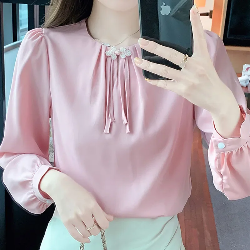 Женская шифоновая блузка с длинным рукавом и круглым вырезом